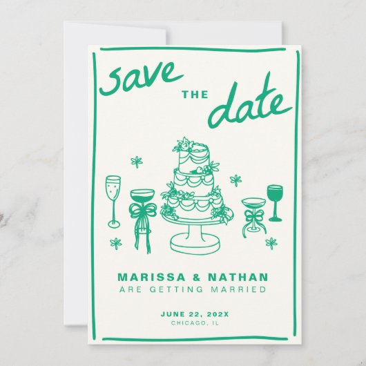 Green Gezeichnet zusammen Hochzeit mit Foto Save The Date (Vorderseite)