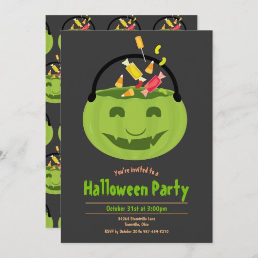 Green Ghoul Pail Candy Kid's Halloween-Party Einladung (Vorne/Hinten)