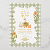 Green Gingham Albern Gänse 1. Geburtstag Folieneinladung (Vorderseite)