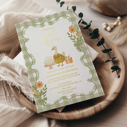 Green Gingham Albern Gänse 1. Geburtstag Folieneinladung