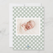 Green Gingham Baby Birth Ankündigung Foto-Karte (Rückseite)