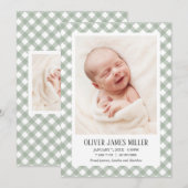 Green Gingham Baby Birth Ankündigung Foto-Karte (Vorne/Hinten)
