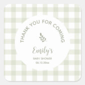 Green Gingham Baby Dusche Danke, dass Sie gekommen Quadratischer Aufkleber (Vorderseite)