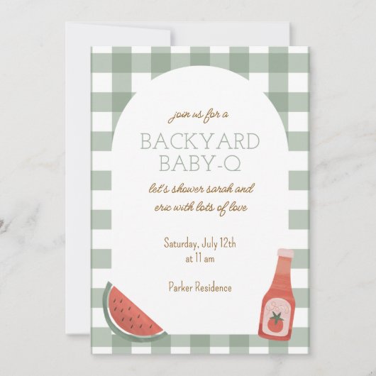 Green Gingham Baby-Q Baby Shower Invitation Einladung (Vorderseite)