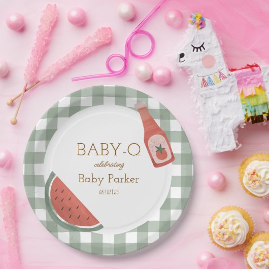 Green Gingham Baby-Q Circular Plate Pappteller (Party)