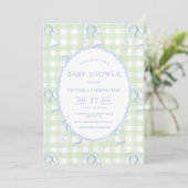 Green Gingham Blue Bows Vintag Baby Dusche Einladung (Stehend Vorderseite)