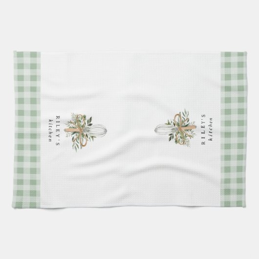 Green Gingham Botanical Whisk Personalisiert Geschirrtuch (Horizontal)