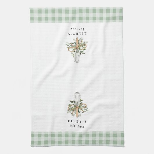 Green Gingham Botanical Whisk Personalisiert Geschirrtuch (Vertikal)
