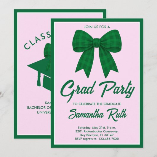 Green Gingham Bow Graduation Party Einladung (Vorne/Hinten)