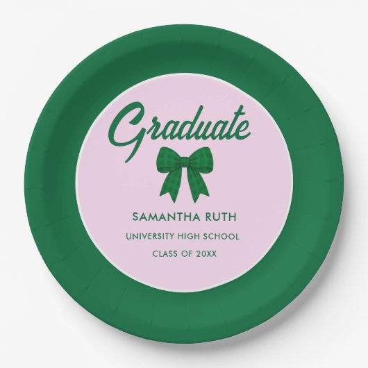 Green Gingham Bow Graduation Party Pappteller (Vorderseite)