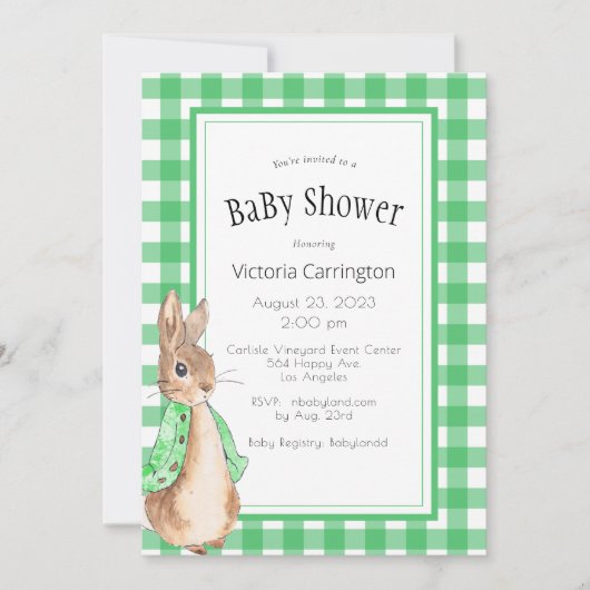 Green Gingham Bunny Rabbit Baby Dusche Einladung (Vorderseite)