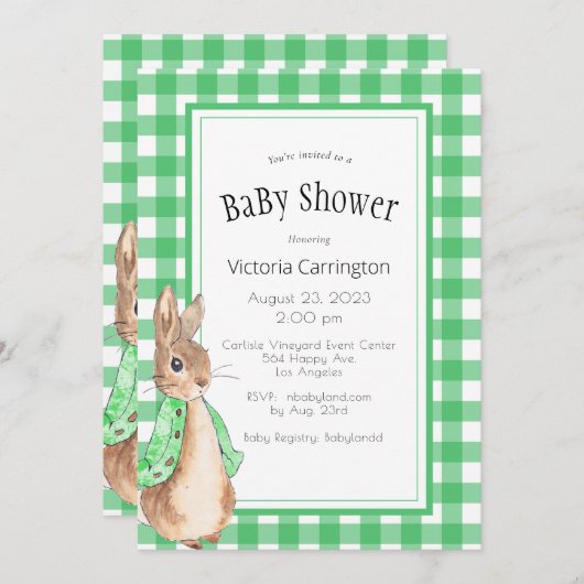 Green Gingham Bunny Rabbit Baby Dusche Einladung (Vorne/Hinten)