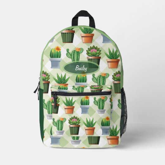 Green Gingham Cactus Pattern Bedruckter Rucksack (Vorderseite)