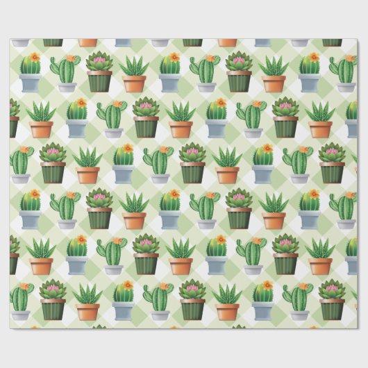 Green Gingham Cactus Pattern Geschenkpapier (Flach)