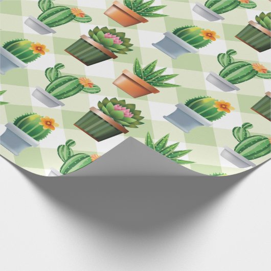 Green Gingham Cactus Pattern Geschenkpapier (Ecke)