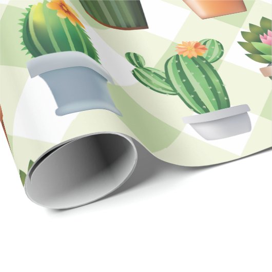 Green Gingham Cactus Pattern Geschenkpapier (Rolleneckpunkt)