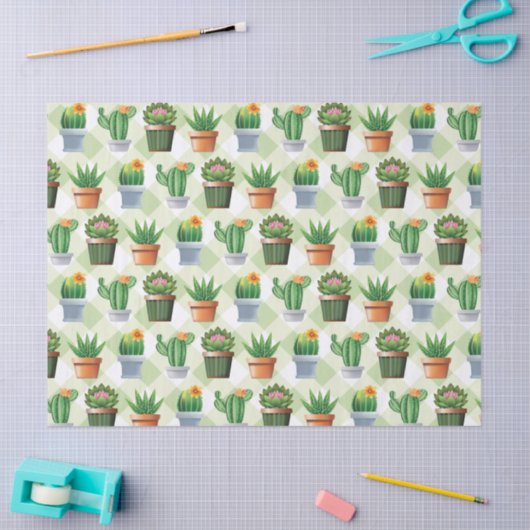 Green Gingham Cactus Pattern Seidenpapier (Basteln)