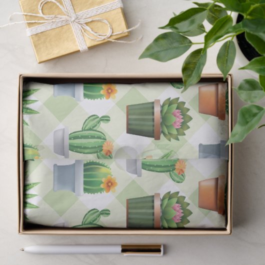 Green Gingham Cactus Pattern Seidenpapier (Geschenk)