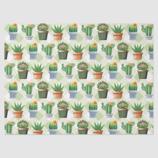 Green Gingham Cactus Pattern Seidenpapier (Vorderseite)