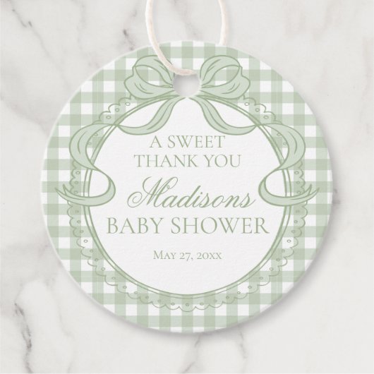 Green Gingham Coquette Bow Baby Shower Circle Geschenkanhänger (Vorderseite)