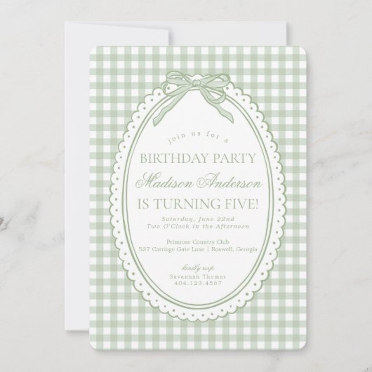 Green Gingham Coquette Bow Birthday Party Einladung (Vorderseite)