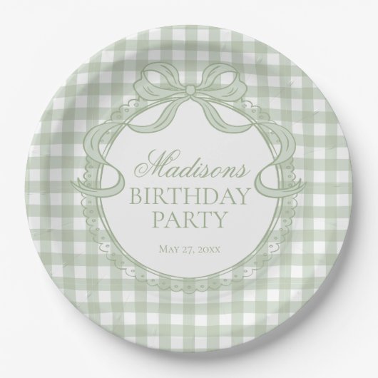 Green Gingham Coquette Bow Birthday Party Pappteller (Vorderseite)