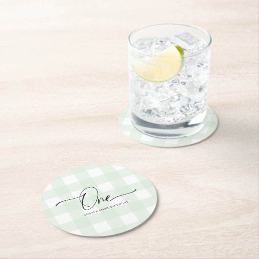 Green Gingham First Birthday Drink Untersetzer (Vor Ort)