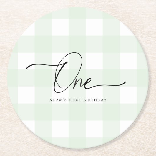 Green Gingham First Birthday Drink Untersetzer (Vorderseite)