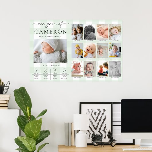 Green Gingham First Birthday Foto Milestone Poster (Heimbüro)