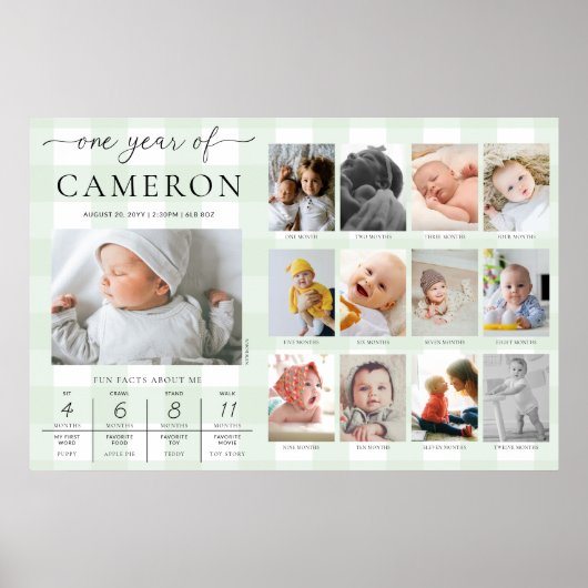 Green Gingham First Birthday Foto Milestone Poster (Vorne)