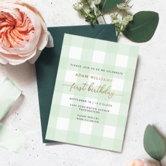 Green Gingham First Birthday Gold Foil Einladung