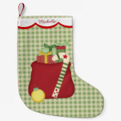 Green Gingham Holiday Toy Sack Personalisiert Kleiner Weihnachtsstrumpf (Vorderseite)