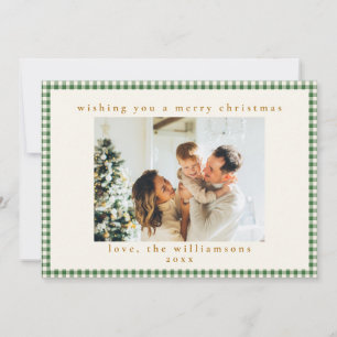 Green Gingham Kariert Custom Foto Letter Christmas Feiertagskarte