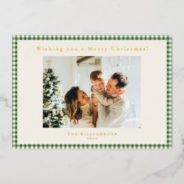 Green Gingham Kariert Custom Foto Weihnachts Gold Folien Feiertagskarte