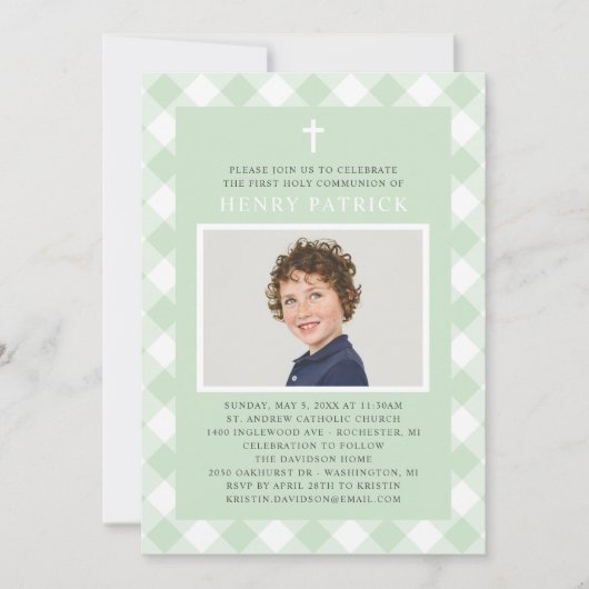 Green Gingham Kariert Erste Kommune für Junge Foto Einladung (Vorderseite)