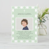 Green Gingham Kariert Erste Kommune für Junge Foto Einladung (Stehend Vorderseite)