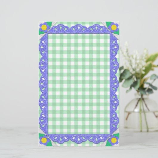 Green Gingham Karo Periwinkle Felt Frame Briefpapier (Stehend Vorderseite)