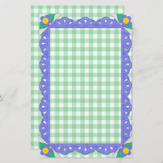Green Gingham Karo Periwinkle Felt Frame Briefpapier (Vorne/Hinten)