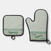 Green Gingham Karo und Streifen Personalisiert Ofenhandschuh & Topflappen-Set (Vorderseite)