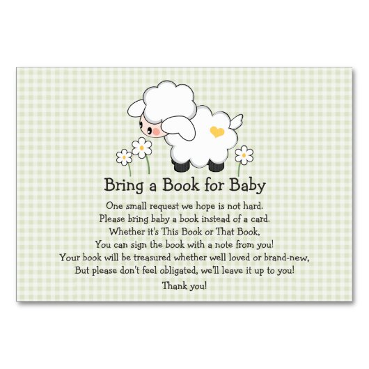 Green Gingham LAMB BABY SHOWER BOOK ANFRAGESKARTE Tischnummer (Vorderseite)