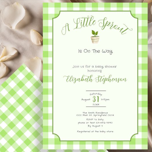 Green Gingham Little Sprout Baby Shower Einladung