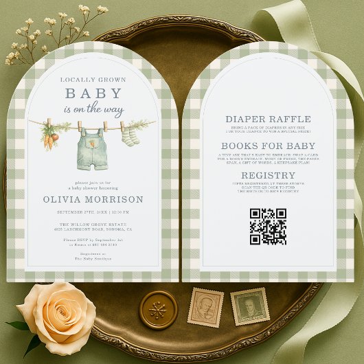 Green Gingham Locally Grown QR Code Baby Shower Einladung