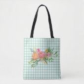 Green Gingham mit Peony Blume Tote Tasche (Vorderseite)