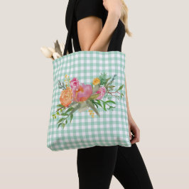 Green Gingham mit Peony Blume Tote Tasche