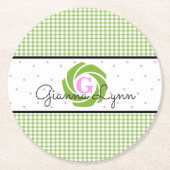 Green Gingham Monogram Runder Pappuntersetzer (Vorderseite)