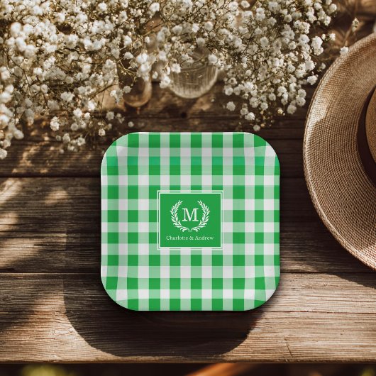 Green Gingham Monogram Wappen Custom Pappteller