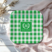 Green Gingham Monogram Wappen Custom Pappteller