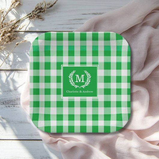 Green Gingham Monogram Wappen Custom Pappteller