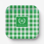 Green Gingham Monogram Wappen Custom Pappteller (Vorderseite)