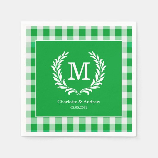 Green Gingham Monogram Wappen Custom Serviette (Vorderseite)